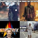 Destroying a franchise | CASUALLY WALKING AWAY FROM THINGS THEY DESTROYED; WYMEMES | image tagged in people standing in front of things they destroyed,star trek,memes,starfleet academy | made w/ Imgflip meme maker