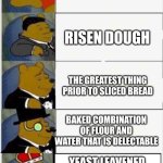 I love bread <3 | BREAD; RISEN DOUGH; THE GREATEST THING PRIOR TO SLICED BREAD; BAKED COMBINATION OF FLOUR AND WATER THAT IS DELECTABLE; YEAST LEAVENED CONSUMABLE IN THE FORM OF A LOAF | image tagged in whinnie the pooh fancy 5,funny,bread | made w/ Imgflip meme maker