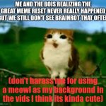 Great meme reset? where? when? what? why? how? | ME AND THE BOIS REALIZING THE GREAT MEME RESET NEVER REALLY HAPPENED BUT WE STILL DON'T SEE BRAINROT THAT OFTEN; (don't harass me for using a meowl as my background in the vids I think its kinda cute) | image tagged in meowl,idk | made w/ Imgflip meme maker