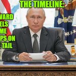 United States President Vladimir Putin | THE TIMELINE:; SQUIDWARD TRAVELS IN TIME AND STEPS ON A T-REX TAIL | image tagged in united states president vladimir putin | made w/ Imgflip meme maker