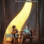 Very pointlessly gendered tbh | TEACHER LETTING PEOPLE GO HOME FIRST; BOYS; GIRLS | image tagged in streetlight | made w/ Imgflip meme maker