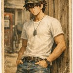 Basara Toujou in jeans, white shirt and camouflage cap
