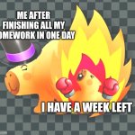 Fiery Capybara homework meme | ME AFTER FINISHING ALL MY HOMEWORK IN ONE DAY; I HAVE A WEEK LEFT | image tagged in fiery capybara | made w/ Imgflip meme maker