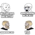 Literally Anything > Chromebook | DELL LAPTOPS ARE BETTER; NOOOO MACBOOKS ARE THE BEST! YES; CHROMEBOOKS SUCK | image tagged in chad we know,chromebook,fun,funny,relatable,memes | made w/ Imgflip meme maker