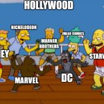 im a nerd for movies | HOLLYWOOD; NICKELODEON; IMAGE COMICS; WARNER BROTHERS; DISNEY; STARWARS; DC; MARVEL | image tagged in simpsons monkey fight | made w/ Imgflip meme maker