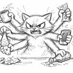 A cat with 4 hands picking up things with anger on her face and