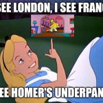 Alice | I SEE LONDON, I SEE FRANCE; I SEE HOMER'S UNDERPANTS | image tagged in alice,homer simpson,underpants,giggling | made w/ Imgflip meme maker