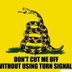 Turn Signal NAP Violation | DON'T CUT ME OFF WITHOUT USING TURN SIGNALS | image tagged in gasden flag | made w/ Imgflip meme maker