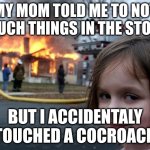 ACCIDENT | MY MOM TOLD ME TO NOT TOUCH THINGS IN THE STORE. BUT I ACCIDENTALY TOUCHED A COCROACH | image tagged in memes,disaster girl | made w/ Imgflip meme maker