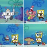 2011 being taken from 2012 | 2011; HIGH SCHOOL; 2012; 2011; 2012; 2012 | image tagged in spongebob running from sandy | made w/ Imgflip meme maker