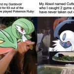 I love my Absol | My Sceptile and my Gardevoir that I have had for 63 out of the 65 hours I have played Pokemon Ruby:; My Absol named Cutter who I caught 2 gyms ago and have never taken out of my party: | image tagged in memes,woman yelling at cat,pokemon,gardevoir | made w/ Imgflip meme maker