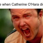 She was my favorite actor D: | Me when Catherine O'Hara died: | image tagged in aaron paul screaming,deviantart,breaking bad,need for speed,beetlejuice,why are you reading the tags | made w/ Imgflip meme maker