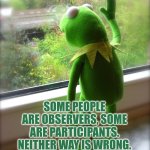 Some people are observers, some are participants. Neither way is wrong. | SOME PEOPLE ARE OBSERVERS, SOME ARE PARTICIPANTS.
NEITHER WAY IS WRONG. | image tagged in kermit - out the window - waiting,autism,observation,participation,learning | made w/ Imgflip meme maker