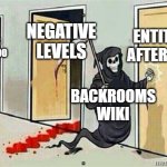 POV: Rule 7 of the backrooms wiki | ENTITIES AFTER 500; NEGATIVE LEVELS; LEVELS HIGHER THAN 1000; BACKROOMS WIKI | image tagged in grim reaper knocking door,backrooms,wiki | made w/ Imgflip meme maker