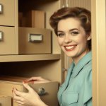 Smiling 1950s Woman Filing Cabinet