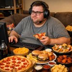 a big man sitting on the couch eating lots of food while playing