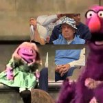 Roy in the hat sitting next to Telly Monster and Prairie Dawn