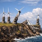 A low sea side cliff with seven modern electric generating windm