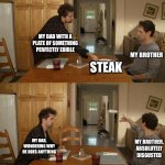 It's Always Sunny Mac And Cheese | MY DAD WITH A PLATE OF SOMETHING PERFECTLY EDIBLE; MY BROTHER; STEAK; MY DAD, WONDERING WHY HE DOES ANYTHING; MY BROTHER, ABSOLUTELY DISGUSTED | image tagged in it's always sunny mac and cheese | made w/ Imgflip meme maker