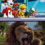 Pups Laughs At Samson Put in stuck A Benny's Nose | image tagged in who laughs at samson put in stuck a benny's nose,paw patrol,disney,paramount,deviantart,crossover | made w/ Imgflip meme maker