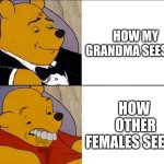 fact | HOW MY GRANDMA SEES ME; HOW  OTHER FEMALES SEE ME | image tagged in tuxedo winnie the pooh grossed reverse | made w/ Imgflip meme maker