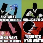 The Birth of Skillet | NIGHTWISH'S SYMPHONIC ELEMENTS; METALLICA'S VOCALS; LINKIN PARK'S NU METAL ELEMENTS; CREED'S LYRIC WRITING | image tagged in powerpuff girls creation,memes,music,rock music,heavy metal | made w/ Imgflip meme maker
