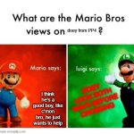 doey | doey from PP4; DOEY LOOK BOTH WAYS BEFORE CROSSING; i think he's a good boy, like c'mon bro, he just wants to help | image tagged in mario vs luigi | made w/ Imgflip meme maker