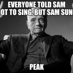 PEAK | EVERYONE TOLD SAM NOT TO SING, BUT SAM SUNG; PEAK | image tagged in absolute cinema | made w/ Imgflip meme maker