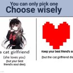 Be honest | Keep your best friend's soul; (but the cat girlfriend dies); (but your best friend's soul dies) | image tagged in fun,memes,choose wisely | made w/ Imgflip meme maker