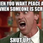 Shut up: I am studying here!  This is a library! | WHEN YOU WANT PEACE AND QUIET WHEN SOMEONE IS SCREAMING; SHUT UP! | image tagged in arnold schwarzenegger,kindergarten,shut up,kindergarten cop,school,studying | made w/ Imgflip meme maker