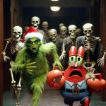 The Grinch and Mr.krabs escaping from zombies AI image