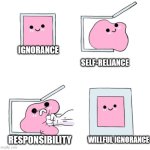 Never Again | IGNORANCE; SELF-RELIANCE; RESPONSIBILITY; WILLFUL IGNORANCE | image tagged in never again | made w/ Imgflip meme maker