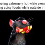 Keeping myself warm by feeling sweaty | Me feeling extremely hot while exercising and eating spicy foods while outside in the cold: | image tagged in gifs,blank white template,memes,spicy foods,exercising,outside | made w/ Imgflip video-to-gif maker