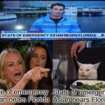 Slightly bigger spacing is important | State of emergency as Ian nears Florida; State of emergency Asian nears Florida | image tagged in memes,woman yelling at cat,news,abc,newsflash | made w/ Imgflip meme maker