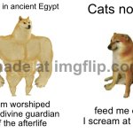 Cats in ancient Egypt; Cats now; I am worshiped as a divine guardian of the afterlife; feed me or I scream at 3am | Cats in ancient Egypt; Cats now; I am worshiped as a divine guardian of the afterlife; feed me or I scream at 3am | image tagged in memes,buff doge vs cheems,cats,cat memes,3 am,gods of egypt | made w/ Imgflip meme maker