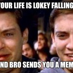 Peter Parker cry then smile | WHEN YOUR LIFE IS LOKEY FALLING APART; AND BRO SENDS YOU A MEME | image tagged in spider-man,meme | made w/ Imgflip meme maker