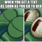 Ugh... | WHEN YOU GET A TEXT AS SOON AS YOU GO TO BED | image tagged in squidward,relatable,trying to sleep | made w/ Imgflip meme maker