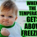 All The Leaves Are Brown And The Sky Is Grey On Such A Winter's Day | WHEN THE TEMPERATURE; GETS ABOVE FREEZING | image tagged in memes,success kid original,winter is here,freezing cold,california dreamin,too cold | made w/ Imgflip meme maker