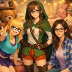 Create a fanart illustration of three girls together in a cozy b