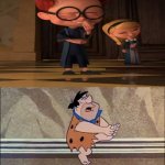 sherman and penny laughing at Fred Flintstone | image tagged in who laughs at fred flintstone,deviantart,crossover,warner bros,warner bros discovery | made w/ Imgflip meme maker