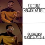Do you do this too? | 1 HOUR COMPILATION; 6 DIFFERENT 10 MINUTE VIDEOS | image tagged in geordi la forge | made w/ Imgflip meme maker