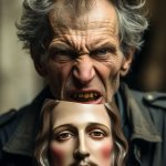Ugly elderly old man hiding behind a Jesus Christ mask