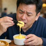 Chinese man trying to pick up custard with chopsticks template