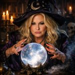Jennifer Coolidge as a wizard staring into her crystal ball