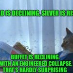 I Should Buy A Boat Cat | GOLD IS DECLINING, SILVER IS RISING; BUFFET IS RECLINING. WITH AN ENGINEERED COLLAPSE, THAT’S HARDLY SURPRISING | image tagged in memes,i should buy a boat cat | made w/ Imgflip meme maker