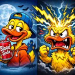 A silly duck drinks a red blood soda and then he gets mad when l