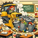 a bulldozer pushing garbage cans into a school classroom, driven