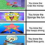 You know the squid likes guns! | You know the Crab like money; You know the Sponge like fun; You know the Star keeps shining; You know the Squid likes guns | image tagged in all stages of brawl stars bosses | made w/ Imgflip meme maker