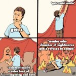 "It's about to get worse" "You aren't gonna like what happens next" "4 people killed in car crash" | *gets social media*; gen z; *creates echo chamber of nightmares gen z refuses to escape*; *unintentionally creates feed of fearmongering and hate* | image tagged in man makes his own monsters from cardboard,gen z,social media,internet,politics | made w/ Imgflip meme maker