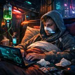 sick with cold, laying in bed, buit working on laptop still